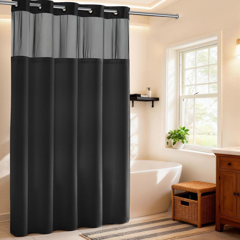 River Dream Heavyweight No Hooks Required Dotted Waffle Weave Shower Curtain with Snap in Liner -Extra Long 71W x 86H,Hotel Grade,Spa Like Bath Curtain,Black - Image 1